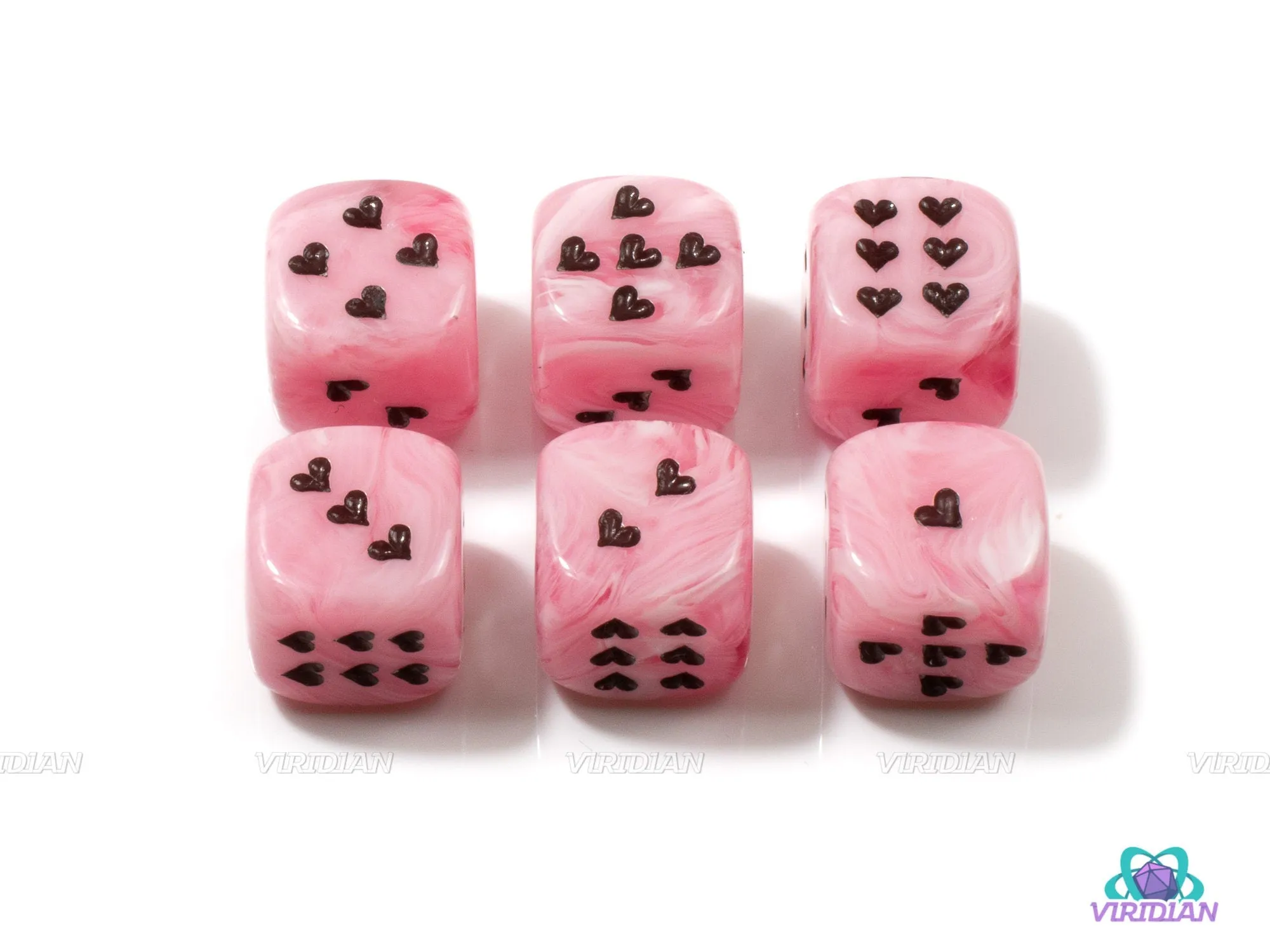 Heart Pipped D6's | Cirrus Swirled Set of 16mm D6s | Clear/White, Pink, Green, Blue, Purple | Chessex