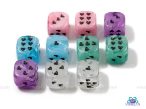 Heart Pipped D6's | Cirrus Swirled Set of 16mm D6s | Clear/White, Pink, Green, Blue, Purple | Chessex