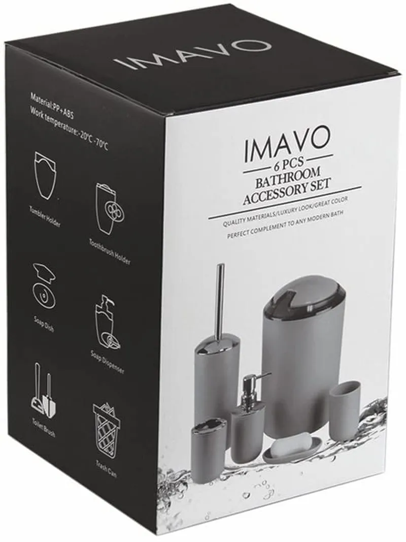 IMAVO Bathroom Accessories Set, 6-Piece Plastic Gift Set, Toothbrush Holder, Toothbrush Cup, soap Dispenser, soap Dish, Toilet Brush Holder, Trash can (Black)