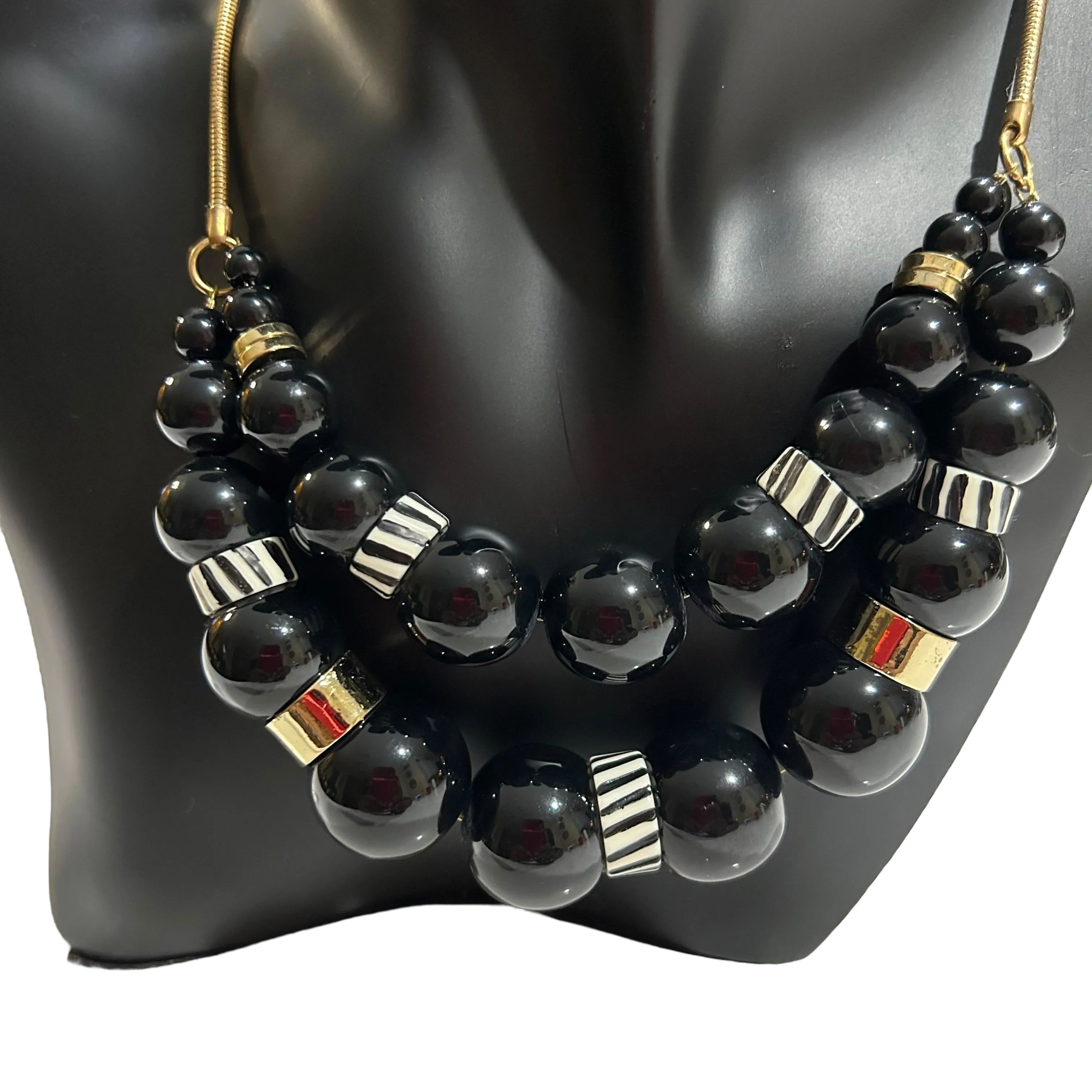 Kenneth Cole Black and Gold Beaded Bib Necklace