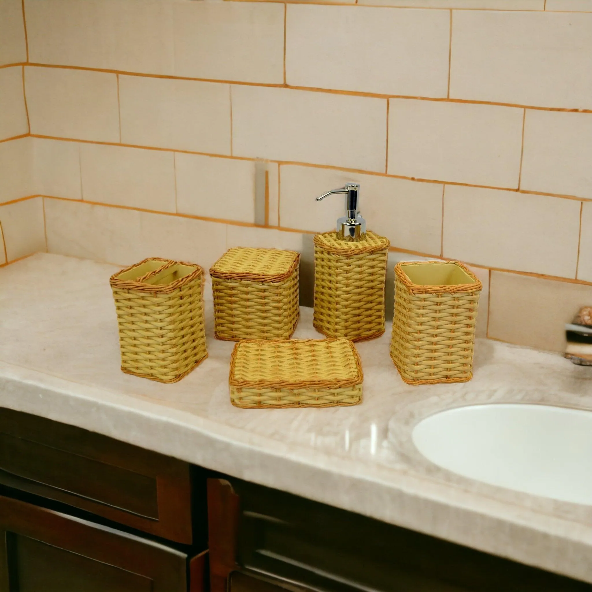 Luxury Bathroom Set in Beige Color Weave Pattern