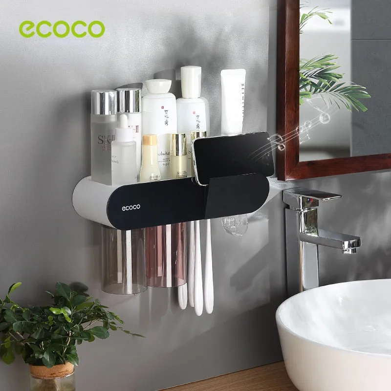 Magnetic Adsorption Toothbrush Holder with Automatic Toothpaste Dispenser and Storage Rack