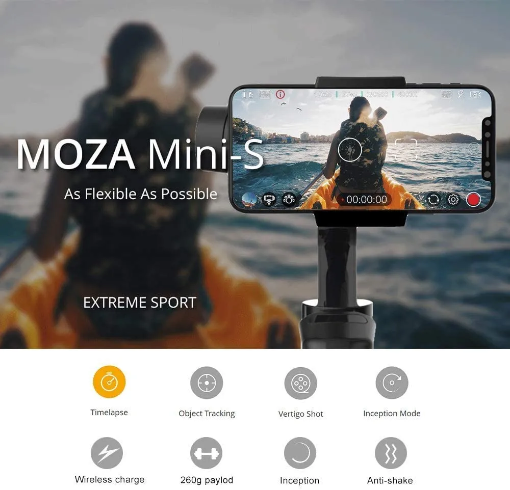 Moza Mini-S Extendable, Foldable 3 Axis Smartphone Gimbal, One-Button Zoom, Focus Control, Quick Playback, Hyper-Lapse, Slow Motion