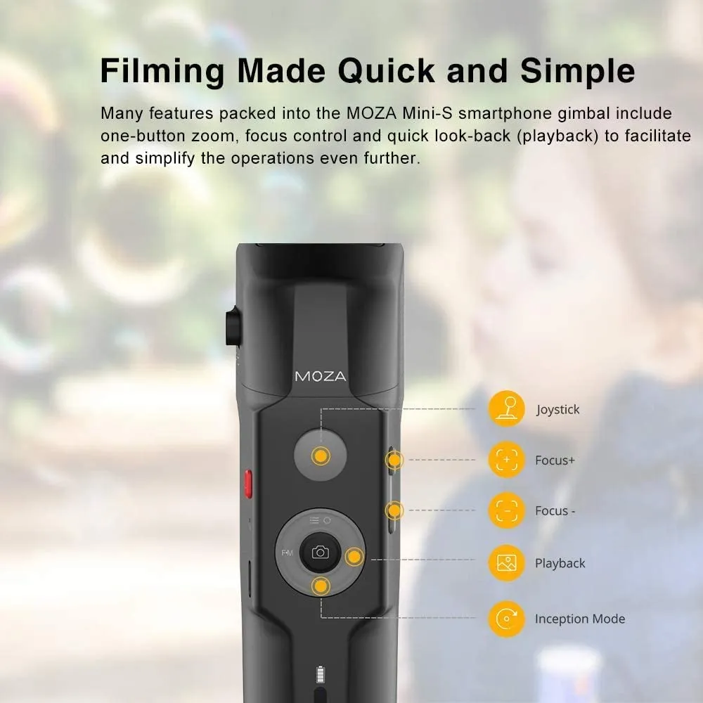 Moza Mini-S Extendable, Foldable 3 Axis Smartphone Gimbal, One-Button Zoom, Focus Control, Quick Playback, Hyper-Lapse, Slow Motion