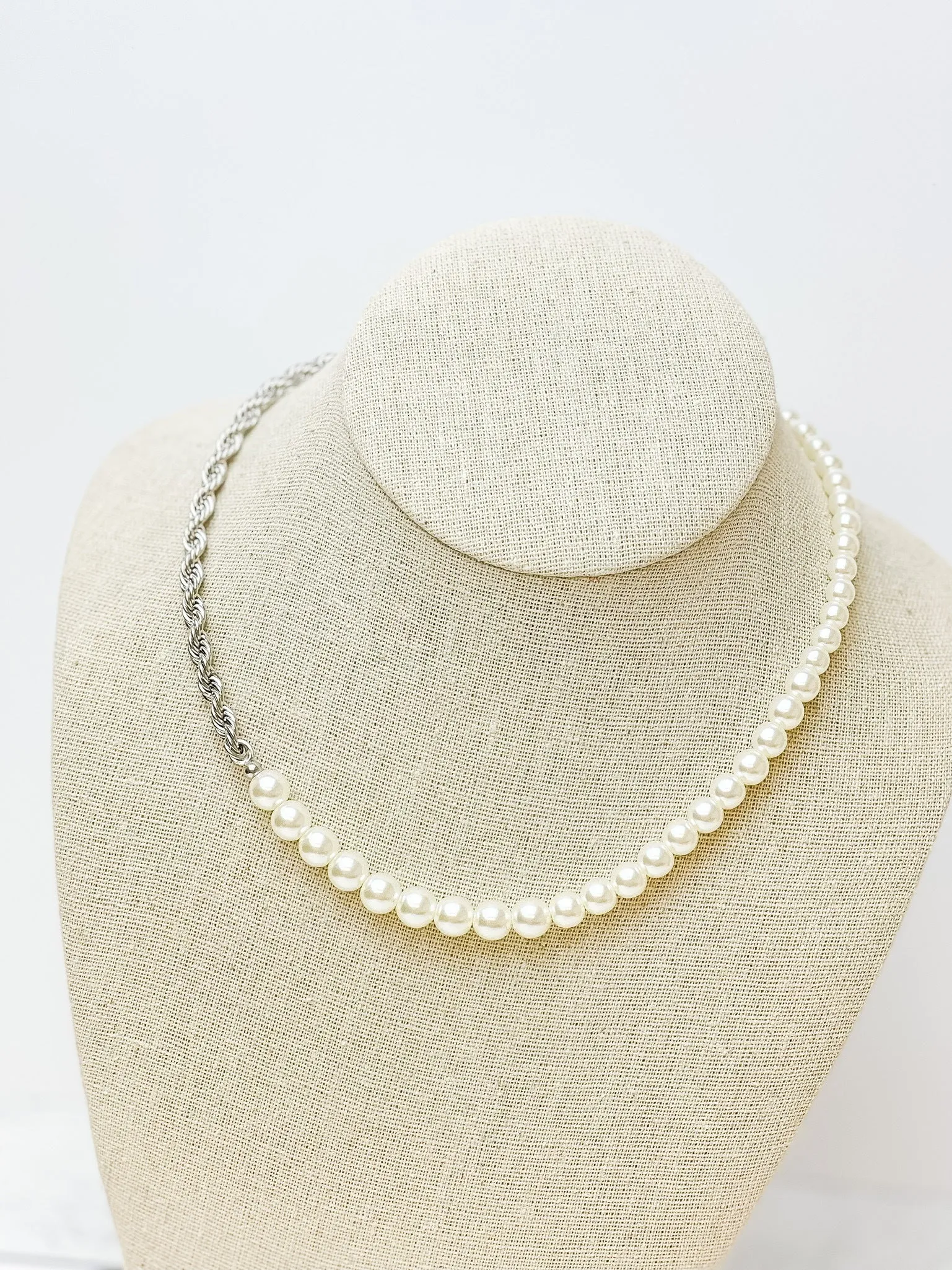 Pearl & Rope Chain Necklace - Silver