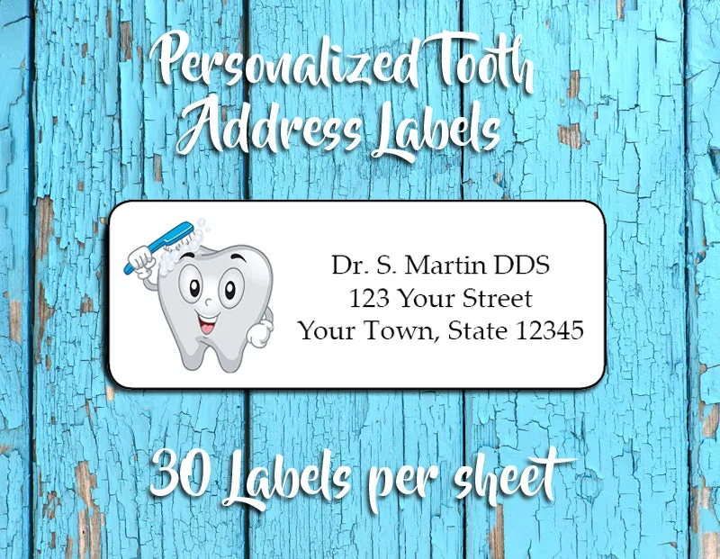 Personalized Smiling TOOTH with Toothbrush Design Return ADDRESS Labels for DENTIST