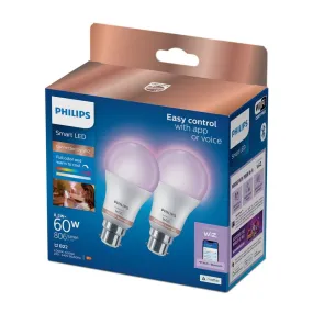 Philips Smart Led Full Colour 60W B22 Twin Pack