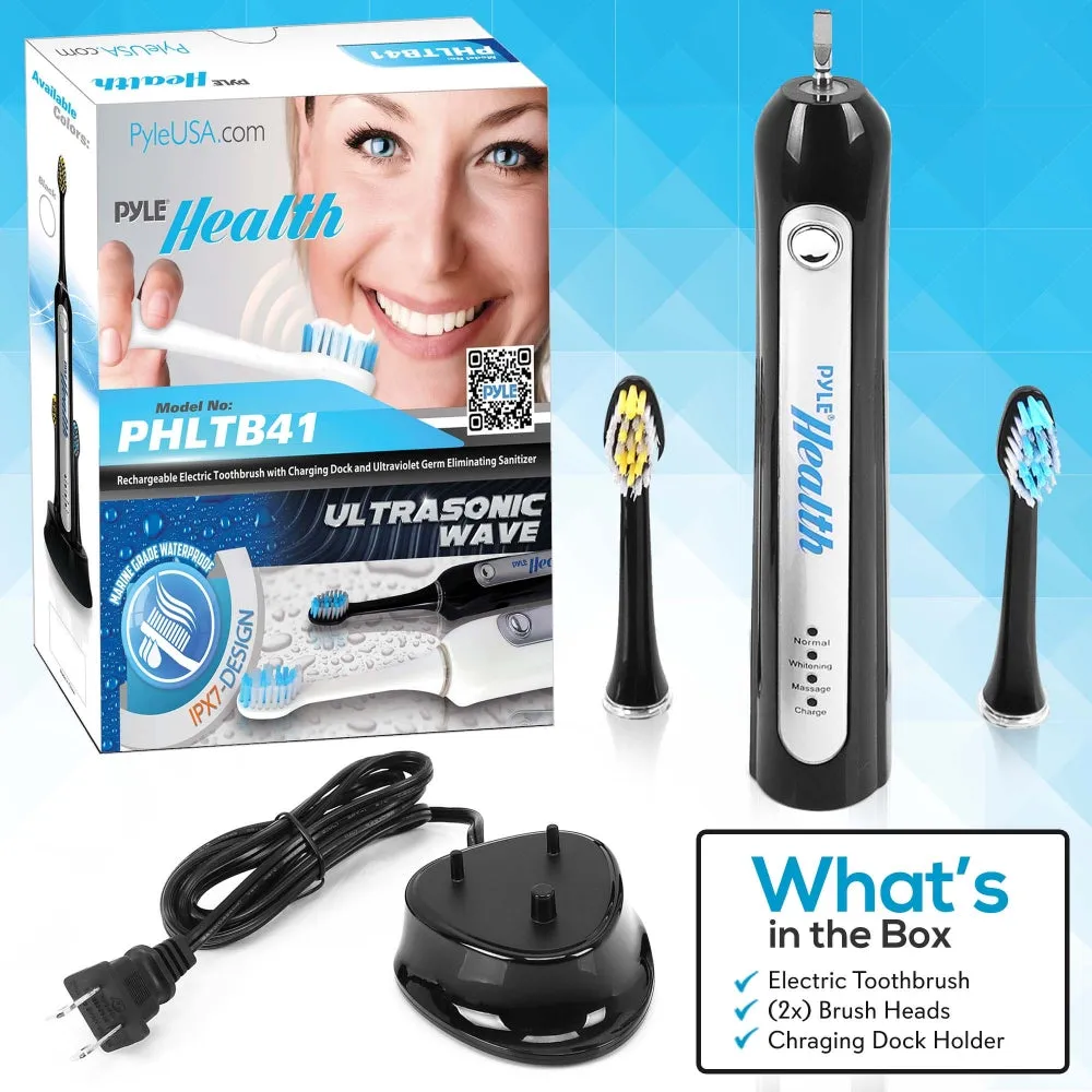 Pyle Health Ultrasonic Wave Rechargeable Electric Toothbrush With Automatic Charging Dock Base, Ultra Quiet Operation (Black)