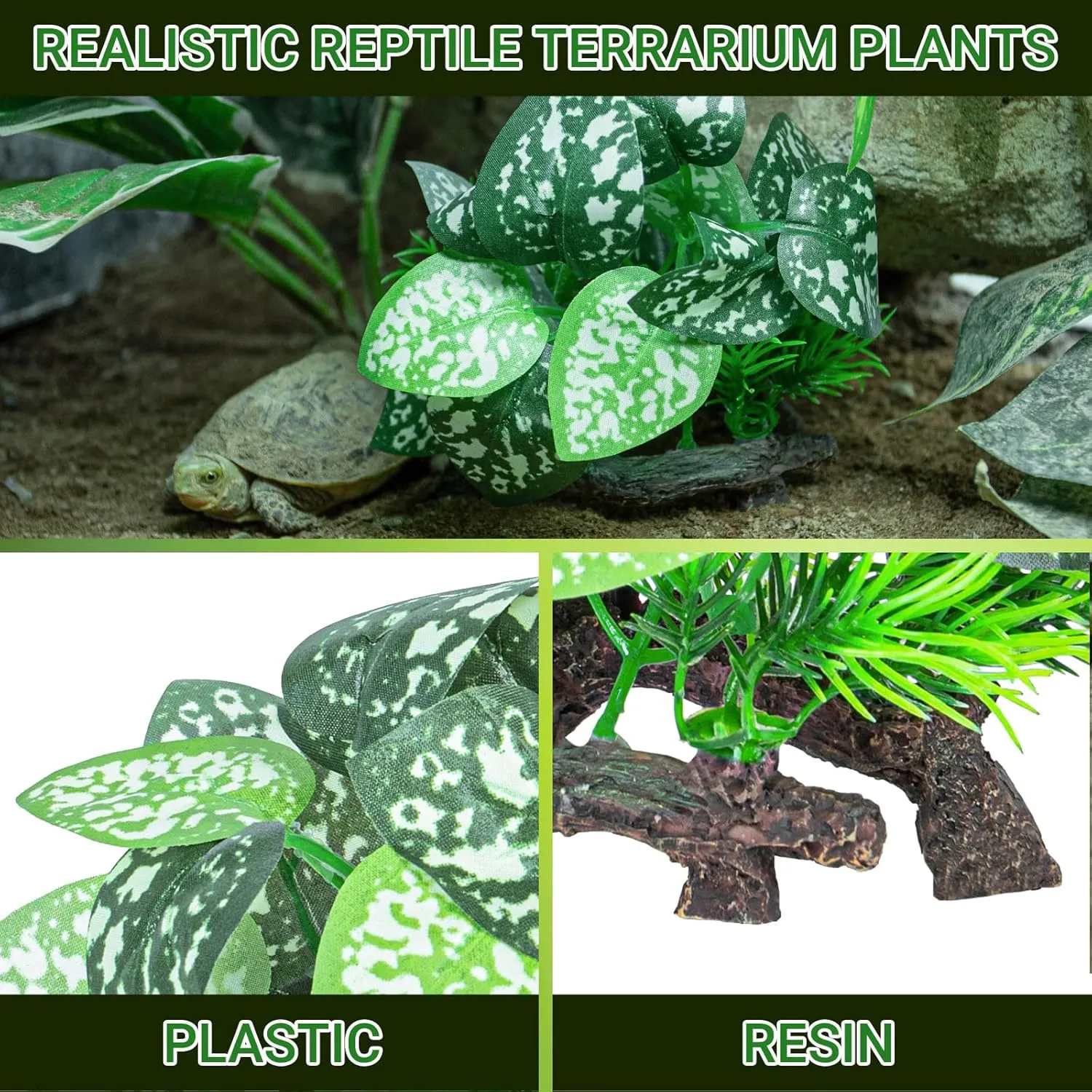 REPTI ZOO Reptile Plants, White Scindapsus Aureus Artificial Terrarium Plants, Resin Base Reptile Hide Fake Plants for Bearded Dragon Gecko Ball Python Snake Turtles Hermit Crab