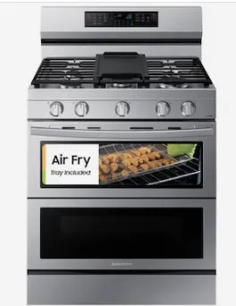 Samsung  30-in 5 Burners 3.4-cu ft / 2.5-cu ft Self-cleaning Air Fry Convection Oven Freestanding Double Oven Gas Range