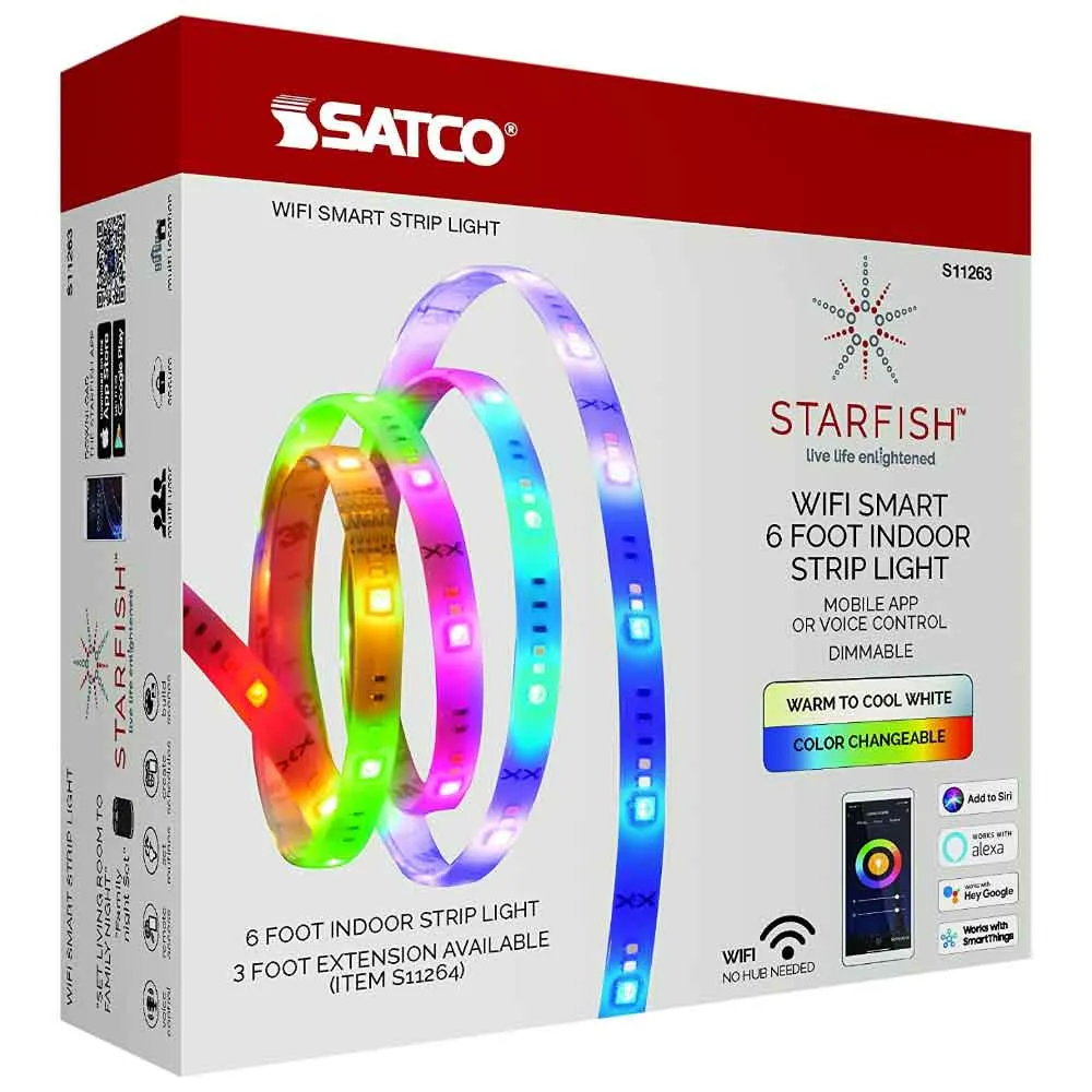 Starfish Wifi Smart LED Strip Light Kit, 6 feet with Power Supply, Color Changing RGB and Tunable White, 12V