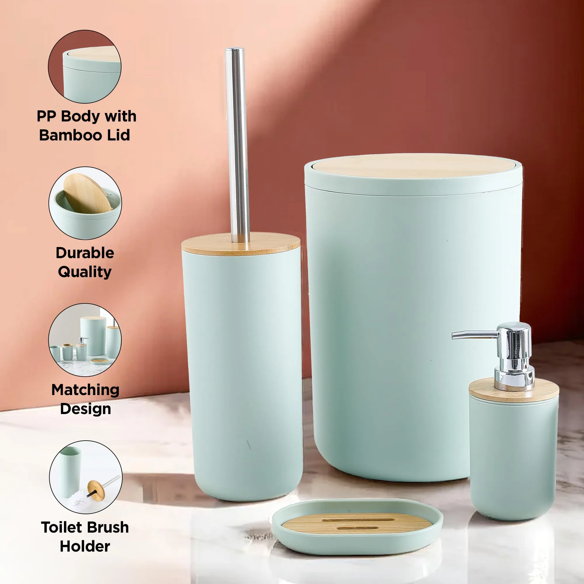 UMAI 6 Piece Bathroom Accessories Set with Round Cover | Soap Dispenser(650ml), Toothbrush Holder, Mouth Wash Cup, Toilet Brush Holder & Dustbin(7L) | Soap Dispenser for Bathroom | Green