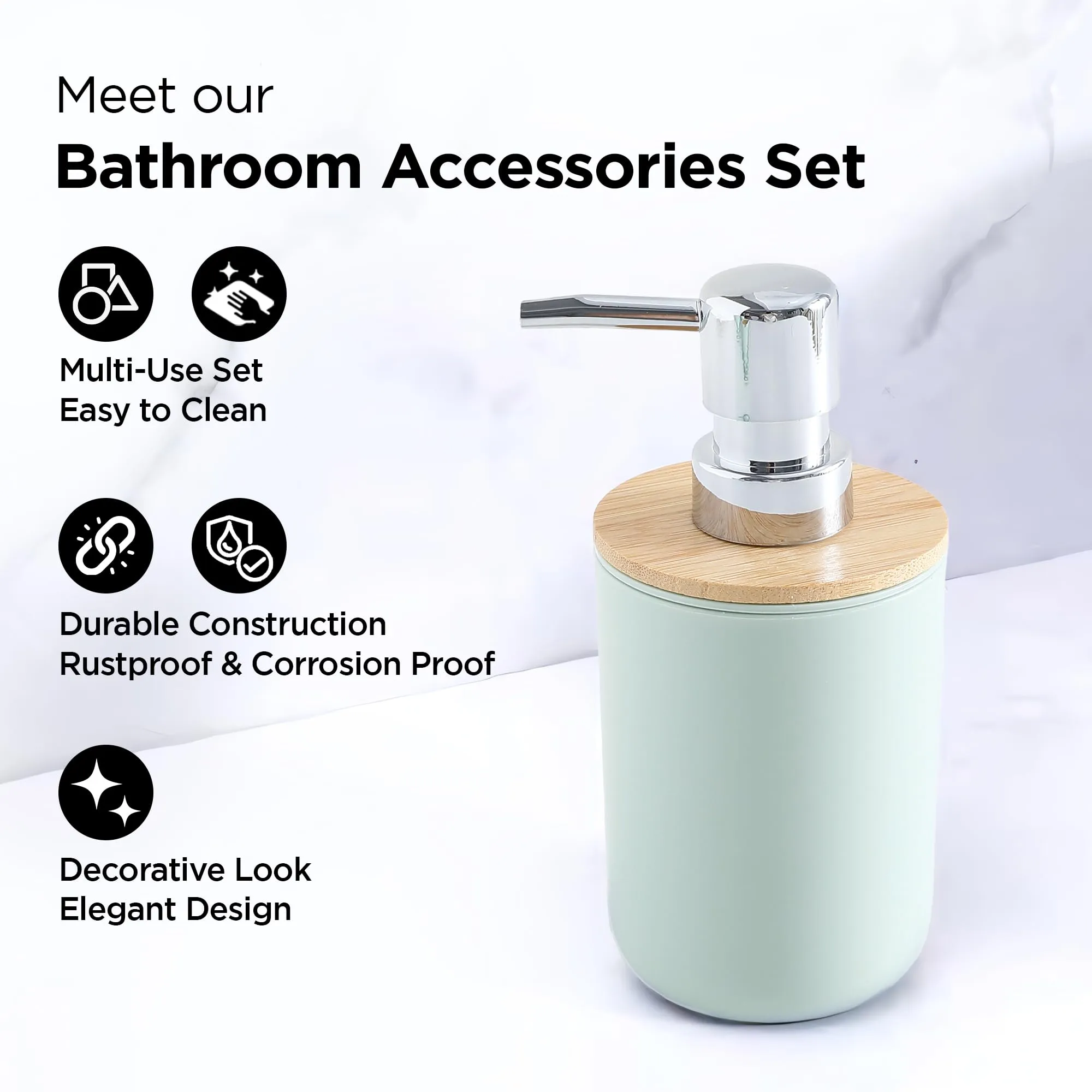 UMAI 6 Piece Bathroom Accessories Set with Round Cover | Soap Dispenser(650ml), Toothbrush Holder, Mouth Wash Cup, Toilet Brush Holder & Dustbin(7L) | Soap Dispenser for Bathroom | Green