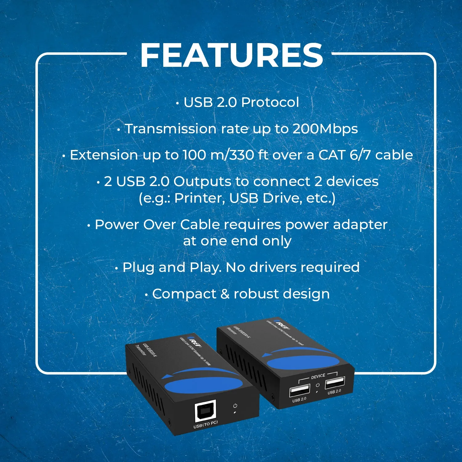 USB2.0 Over CAT6/7 Extender Up To 100M/330ft - Power over Cable (USB-EXB330-K)