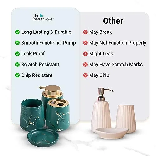 USHA SHRIRAM 4pcs Ceramic Bathroom Accessories Set - Soap Dispenser for Bathroom, Soap Holder for Bathroom, Toothbrush Holder, Tumbler | Handwash Dispenser | Soap Case | Pack of 6 | Green