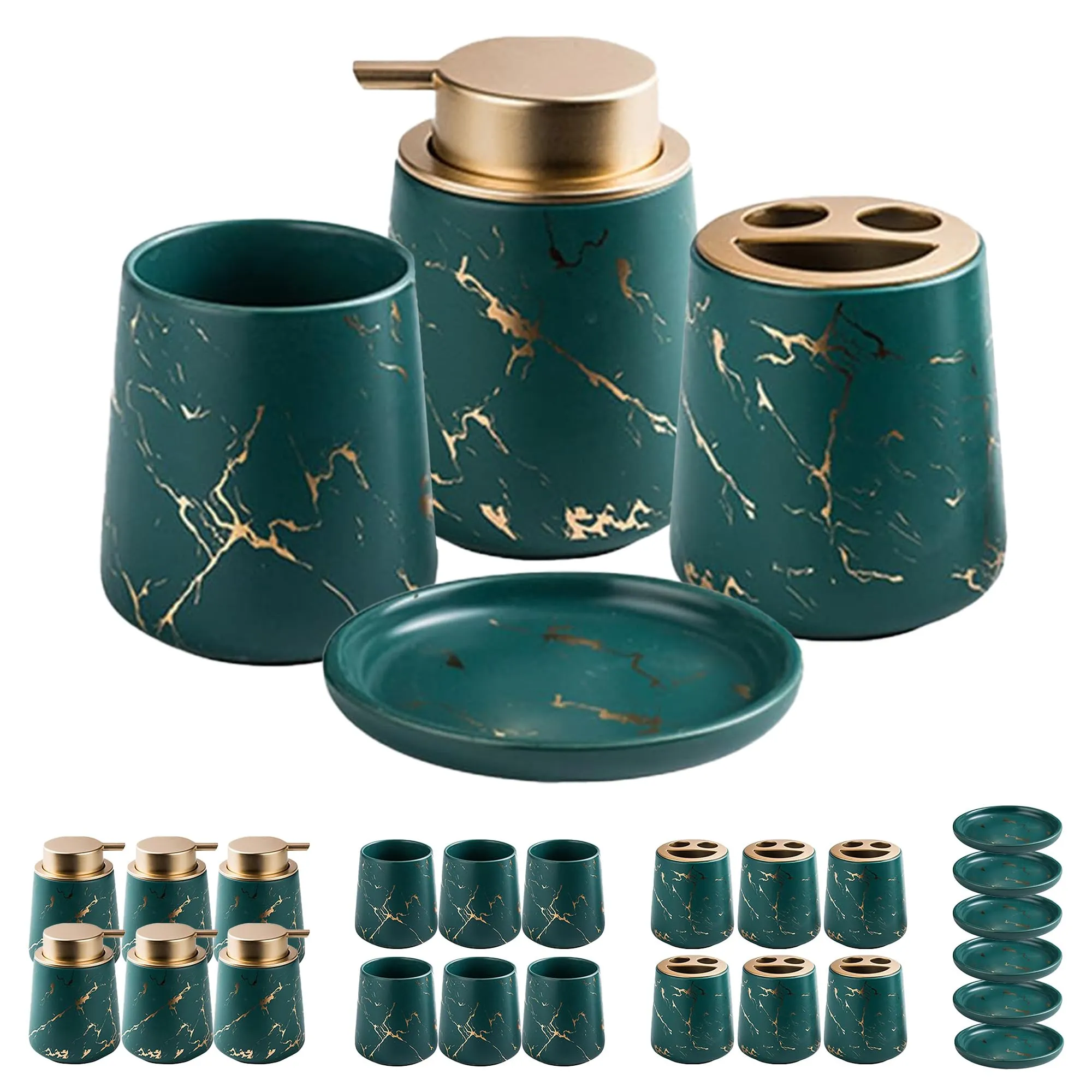 USHA SHRIRAM 4pcs Ceramic Bathroom Accessories Set - Soap Dispenser for Bathroom, Soap Holder for Bathroom, Toothbrush Holder, Tumbler | Handwash Dispenser | Soap Case | Pack of 6 | Green