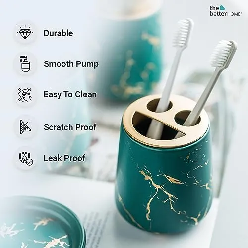 USHA SHRIRAM 4pcs Ceramic Bathroom Accessories Set - Soap Dispenser for Bathroom, Soap Holder for Bathroom, Toothbrush Holder, Tumbler | Handwash Dispenser | Soap Case | Pack of 6 | Green