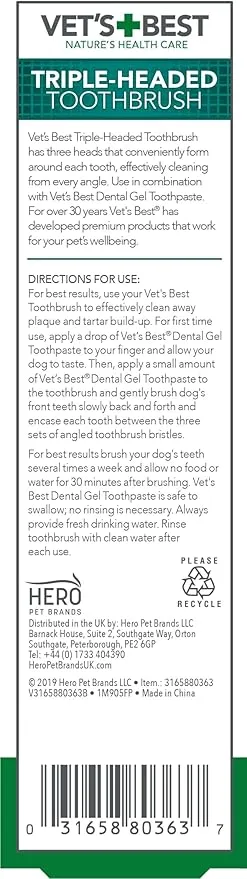 Vet's Best Advanced Triple-Head Toothbrush for Dogs - Comprehensive Oral Care