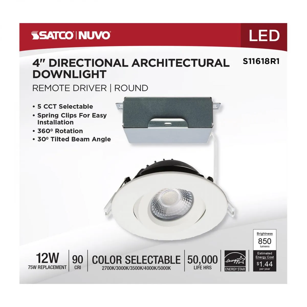 White 12 Watt LED Direct Wire Downlight; Gimbaled; 4 Inch; CCT Selectable