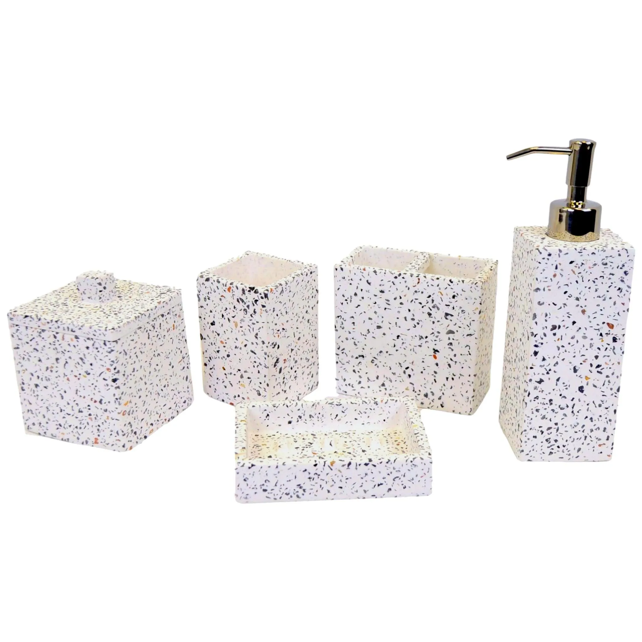 White Marble Bathroom Accessory Set - 5 Piece Bath Set White & Color Chips Design