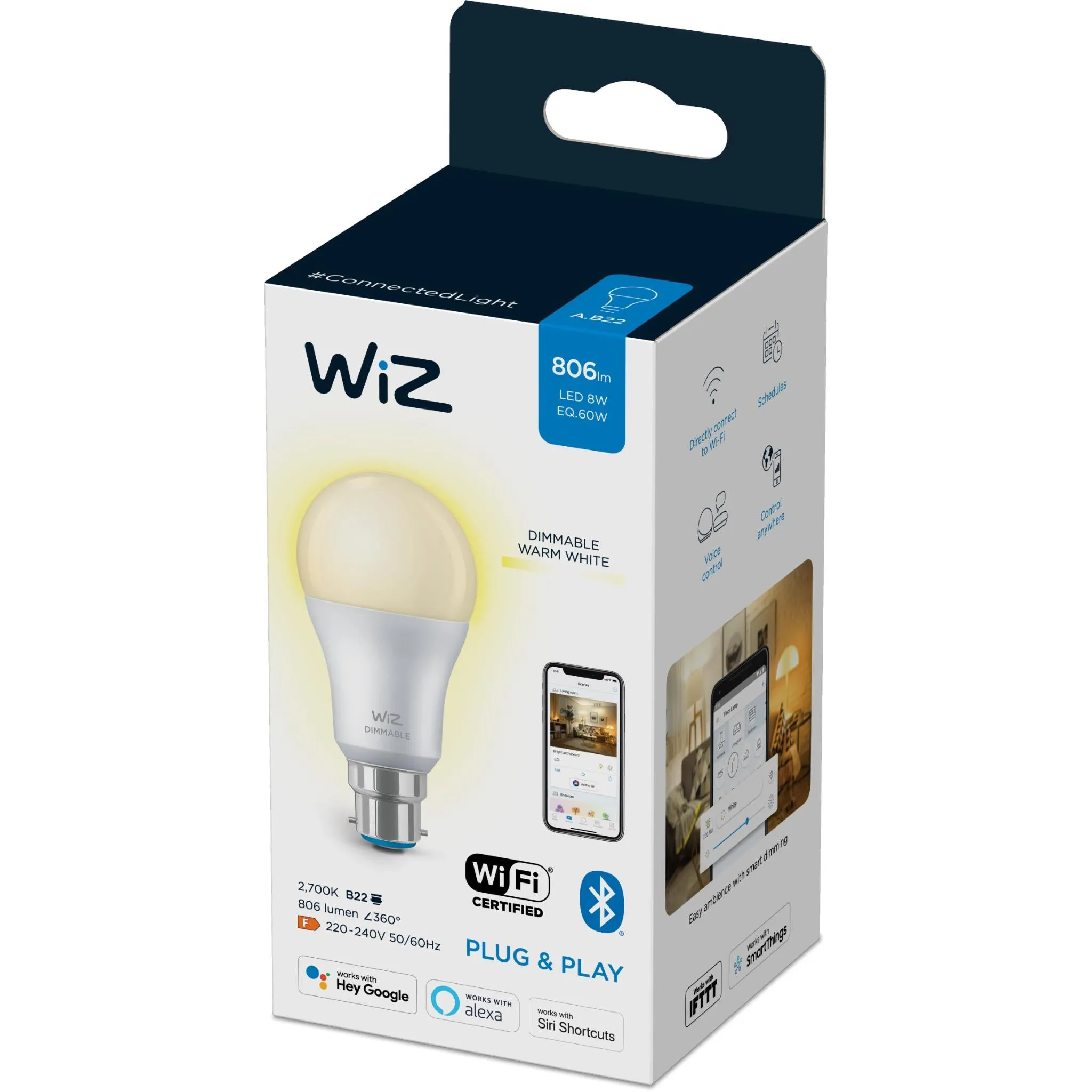 WiZ Warm to White Dimmable A60 B22 Smart Bulb