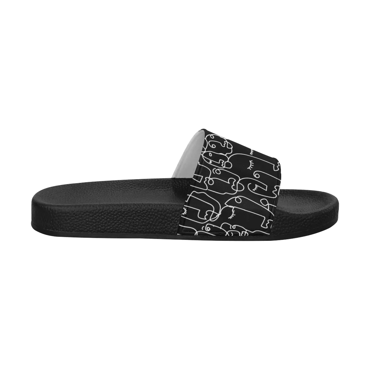 Women's Black Face Doodle Print Sliders Sandal