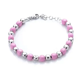 Women's Pink Enamel Silver Beaded Bracelet Adjustable Size